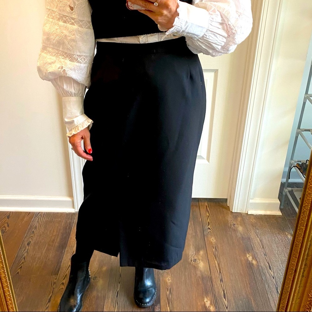 NWT Classic Black Maxi Skirt Self Belt Front Slit Lined